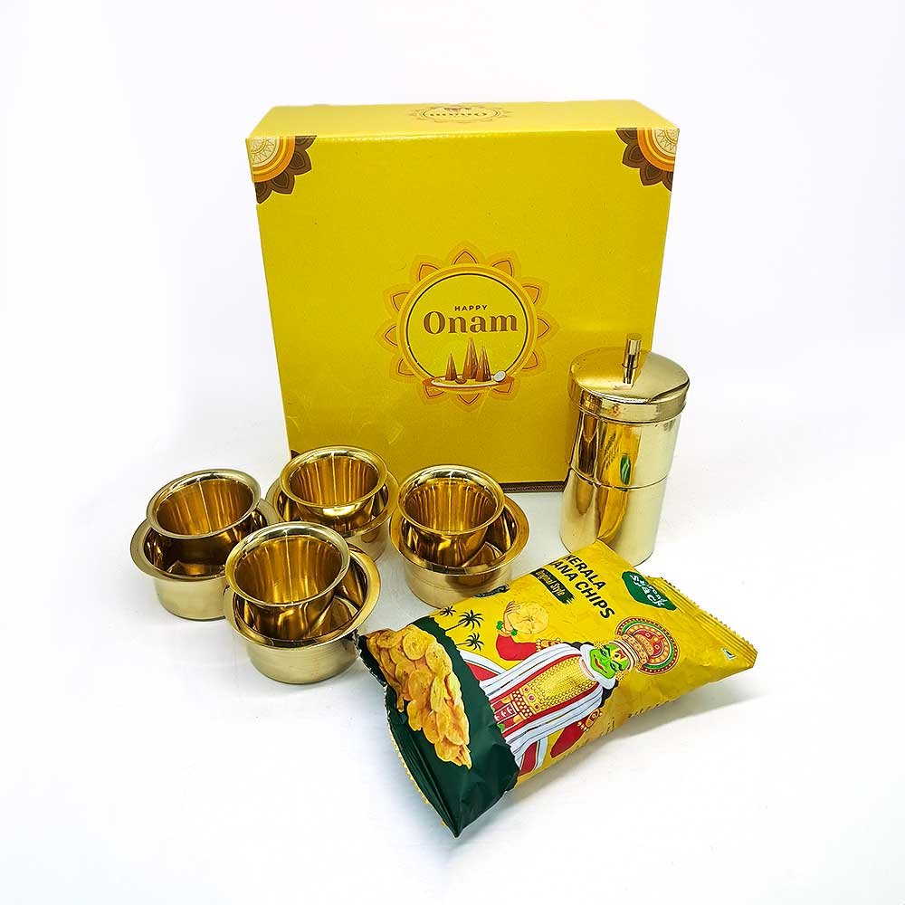 Onam Special Filter Coffee Combo - 4-Cup Brass Davara Set, Brass Coffee Filter & Banana Chips