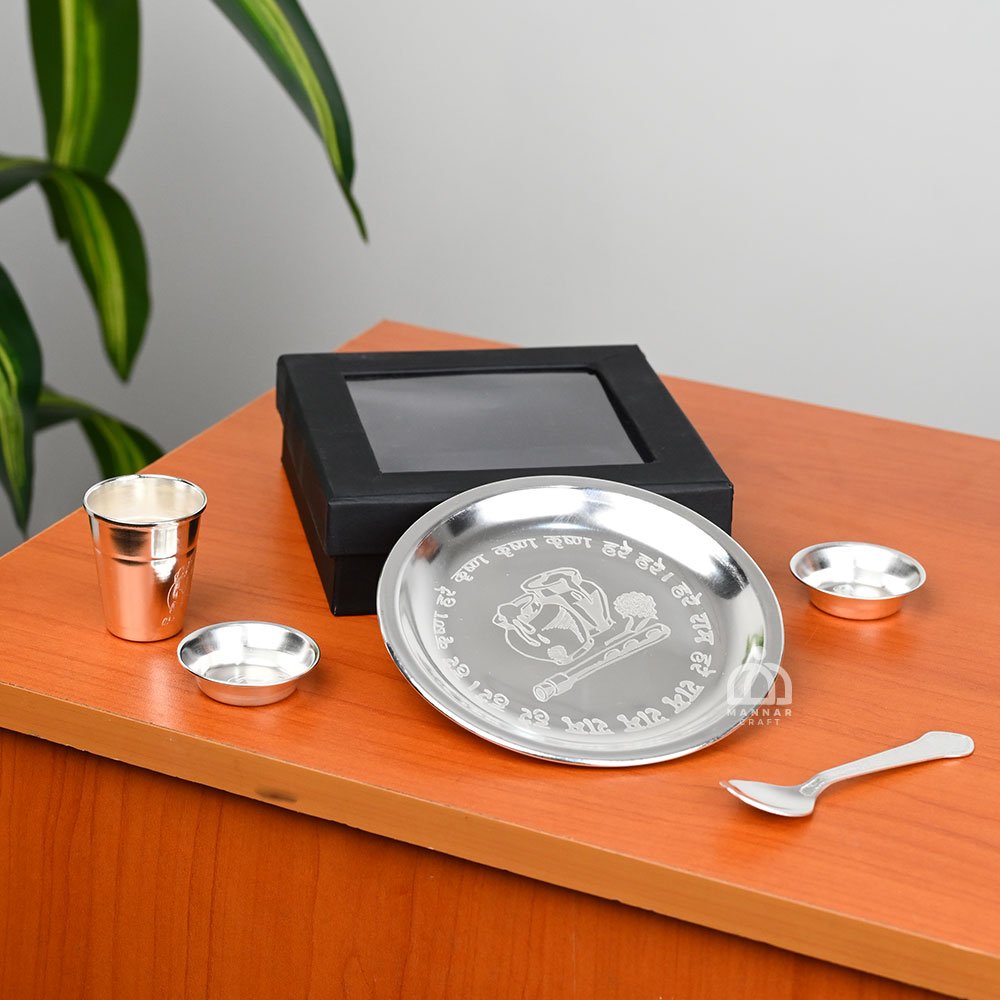 Brass Silver Plated Pooja Thali Set in Gift Window Box – Complete Puja Plate with Bowls, Spoon & Glass for Hindu Rituals, Diwali & Wedding Gifts - Sma