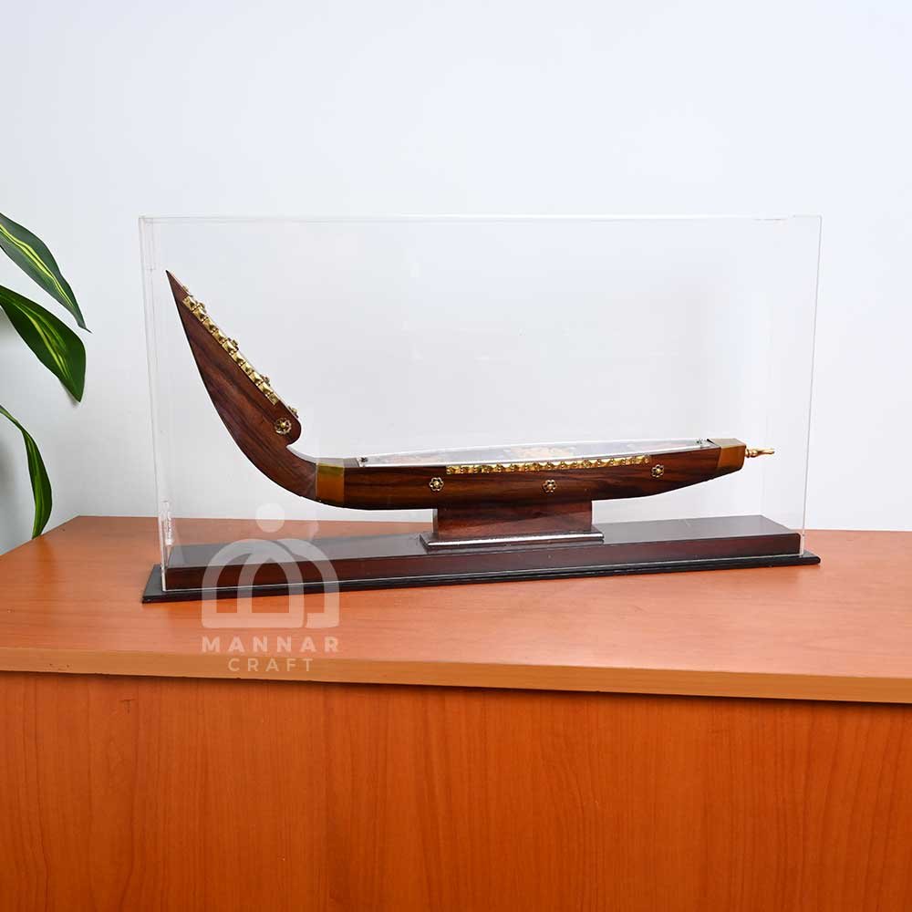 Handcrafted Wooden Kerala Spice Boat in Glass Case – 58cm Home Decor Showpiece & Traditional Vallam Memento by Mannar Craft