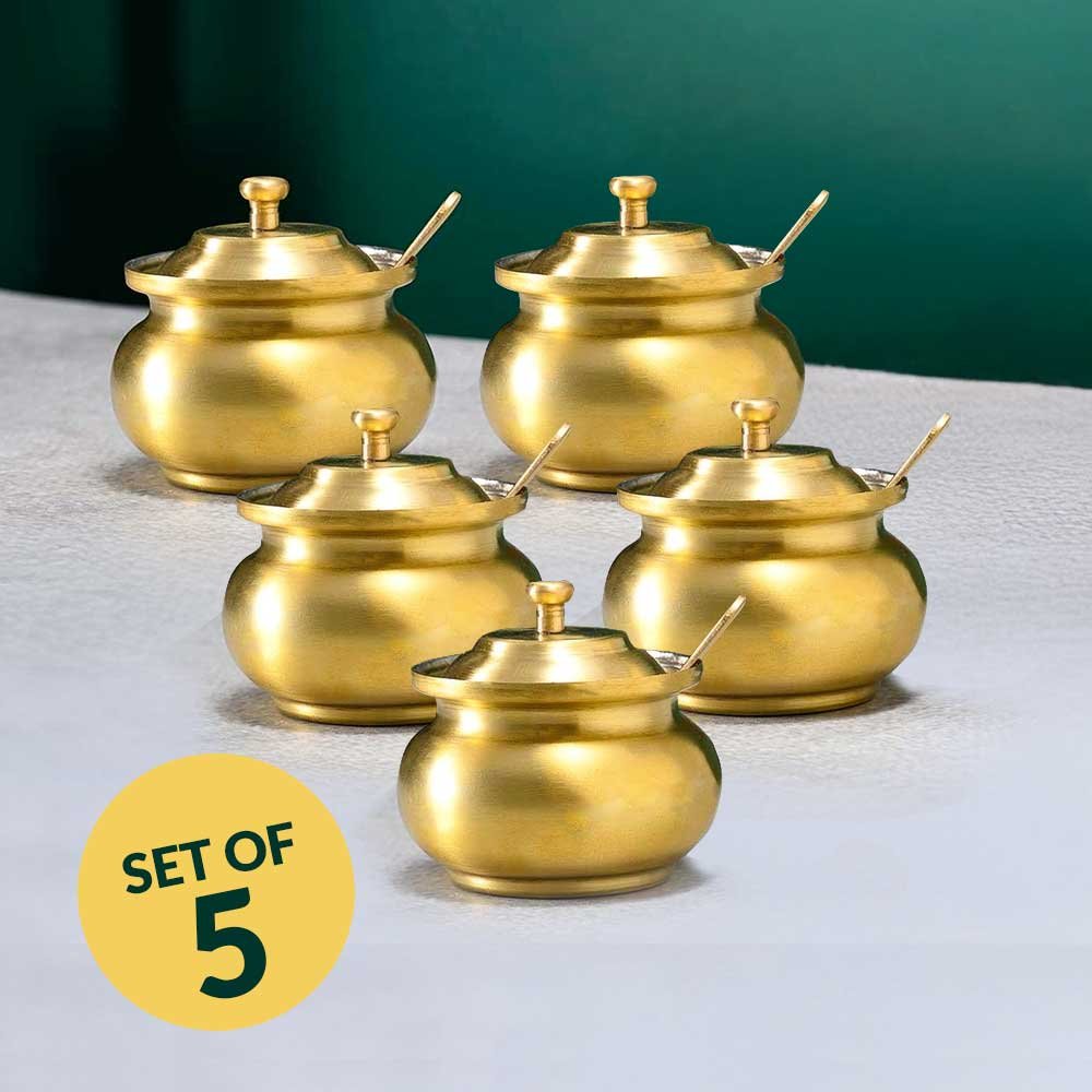 Set of 5 Premium Brass Ghee Pots with Spoon & Lid – Traditional Heavy Matte Finish Storage Pots - 400 ml