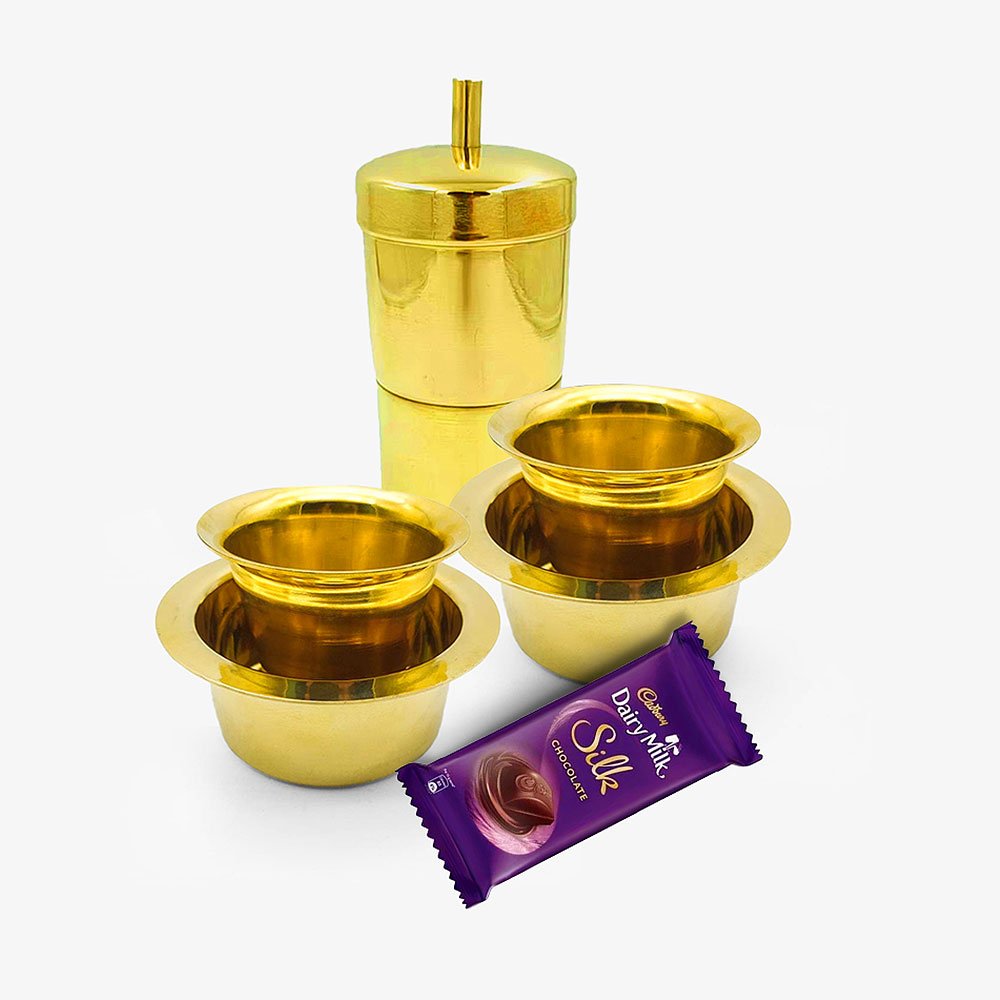 Diwali Combo: 2-Piece Brass Polished Coffee Davara Set, Polished Coffee Filter (2-Cup) and Cadbury Chocolate Gift Set