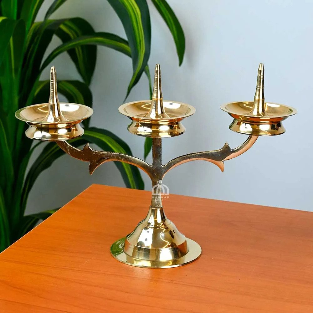 Lightweight Kavara Vilakku – Three Branch Brass Oil Lamp Table Top Stand | Traditional Brass Deepam