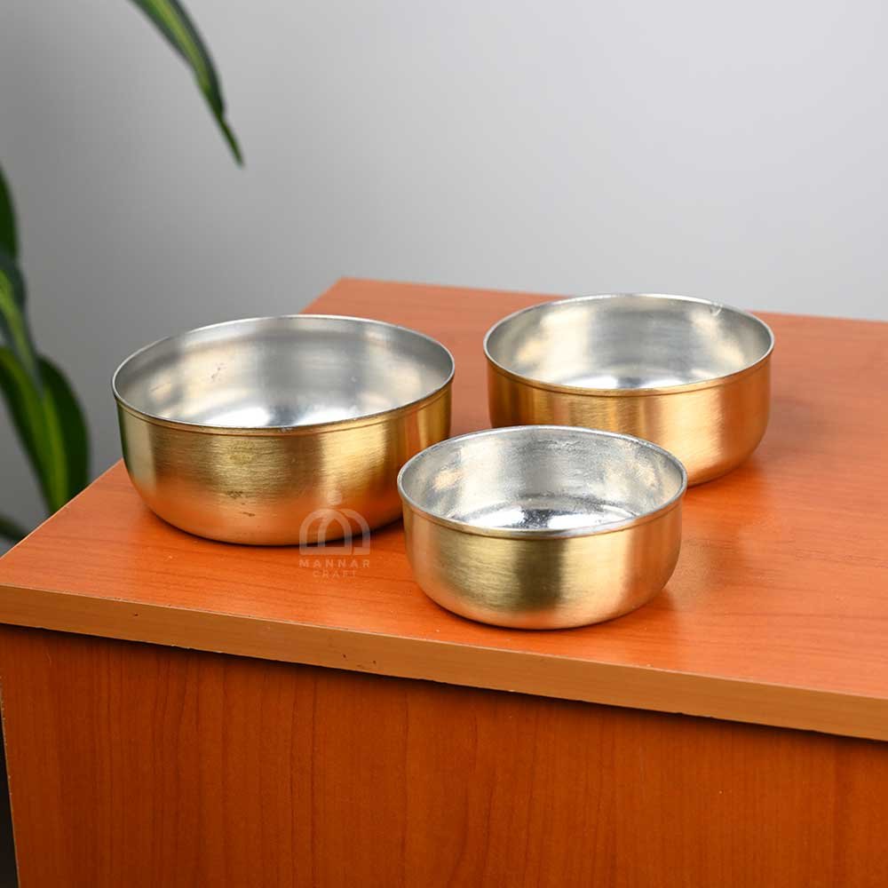 Brass Flat Base Serving Bowl with Tin Coating – Set of 3 | Traditional & Durable Kitchenware by Mannar Craft