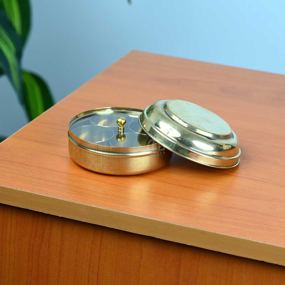 Premium Polished Brass Haldi Box – 4 Small Containers | Traditional Spice & Pooja Storage Box