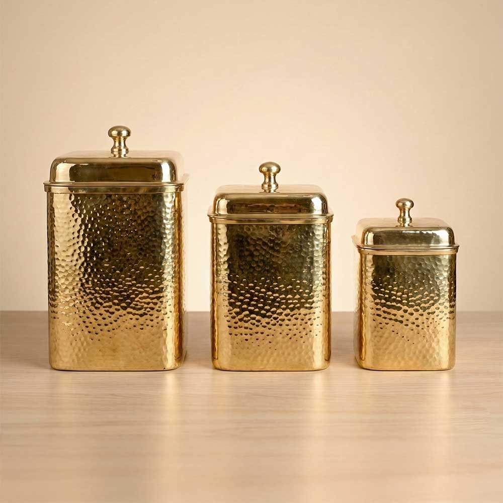 Brass Container Set of 3 – Hammered Thick Sheet Handcrafted Brass