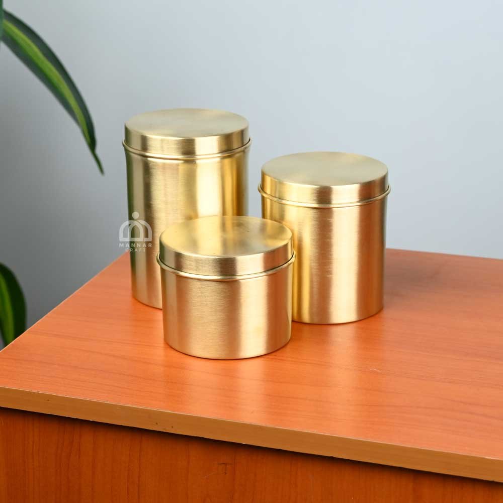 Handcrafted Combo Set of 3 Brass Kitchen Storage Boxes – Traditional Dabba for Flour, Spices & Pulses