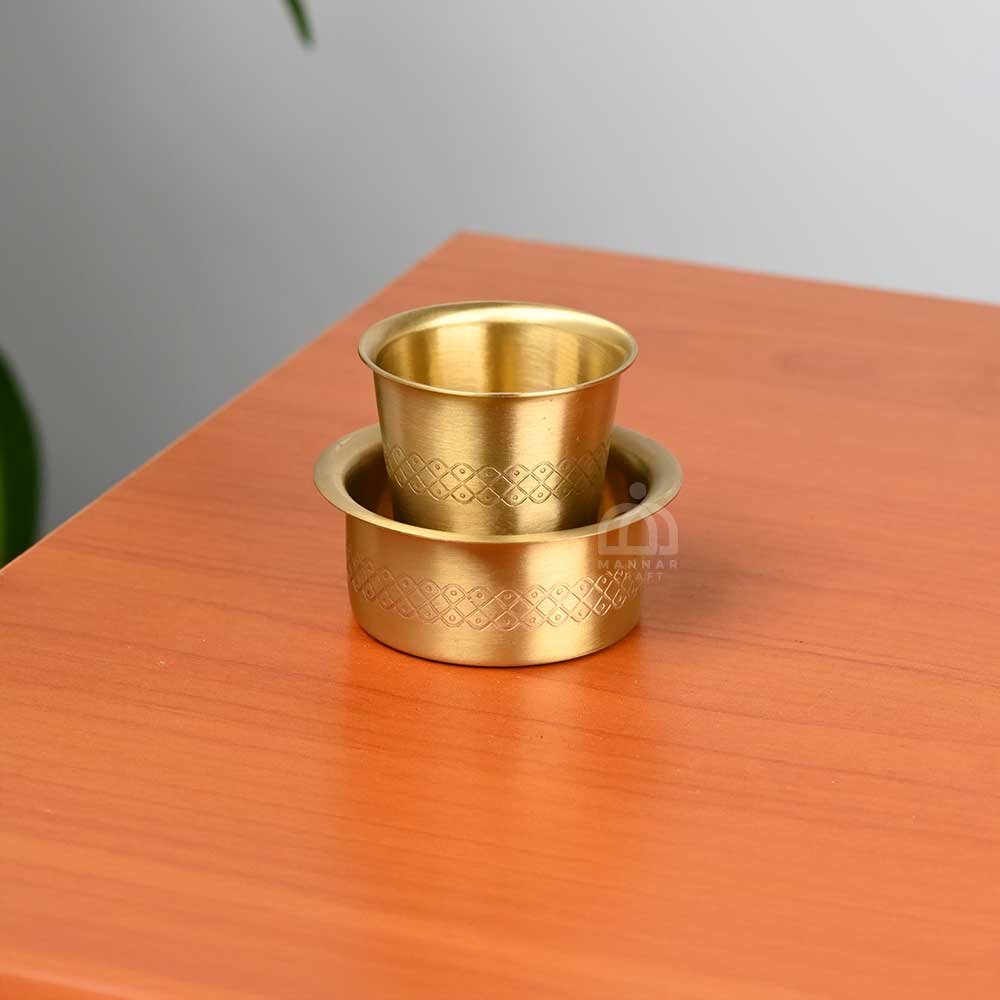 Premium Brass Square Kolam Etched Matte Finish Coffee Dabara Set – Traditional South Indian Filter Coffee & Tea Serving Set (165 ml)