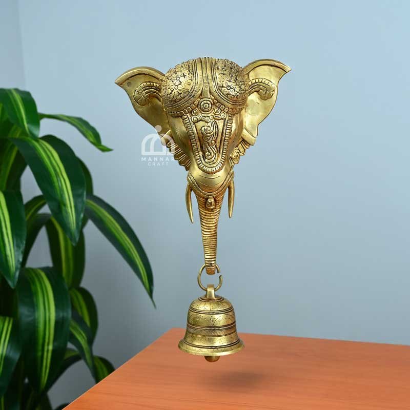 Brass Elephant Head Wall Hanging with Bell - Home Decor & Gift