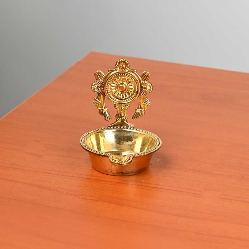 Brass Shankh Chakra Kuber Diya with Flat Base | Traditional Brass Oil Lamp for Pooja, Temple & Home Decor