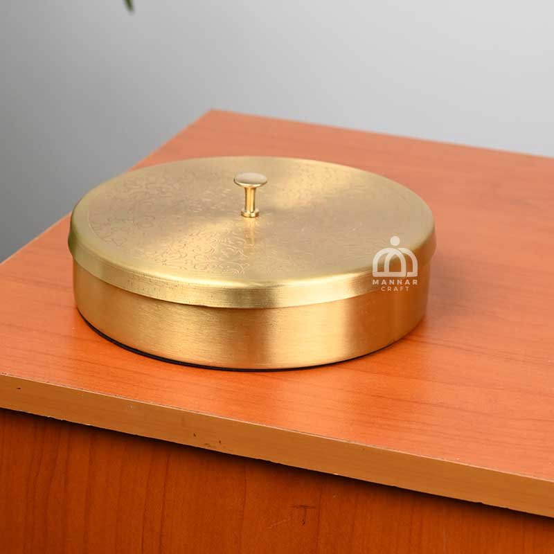 Pure Brass Matt Finish Etched Masala Box – 7 Containers & Spoon with Embossed Lid for Kitchen