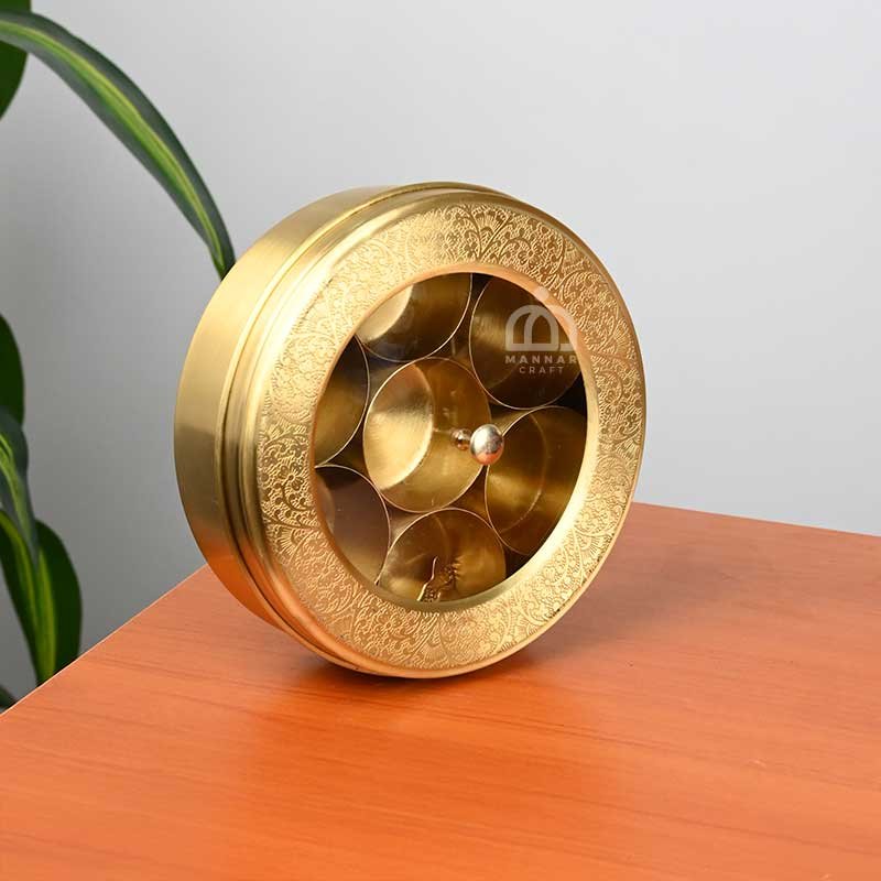 Handcrafted Brass Masala Box with Transparent Fibre Lid & Spoon – 8 Inch Multipurpose Spice Storage