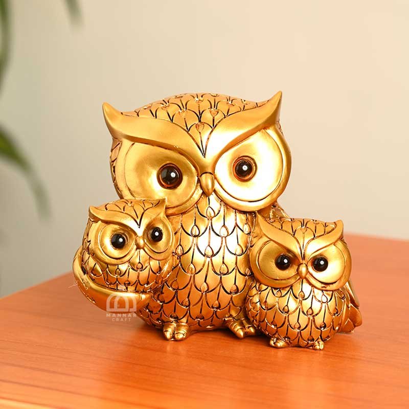 Gold Owl Statue Decor – Modern Owl Family Home Showpiece
