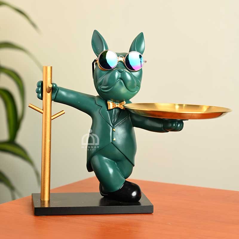 Teal Color French Bulldog Key Holder with Tray – Resin Decorative Organizer