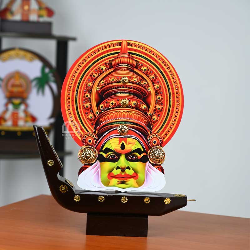 Handcrafted Boat with New Printed Kathakali Head - Traditional Indian Art Decor