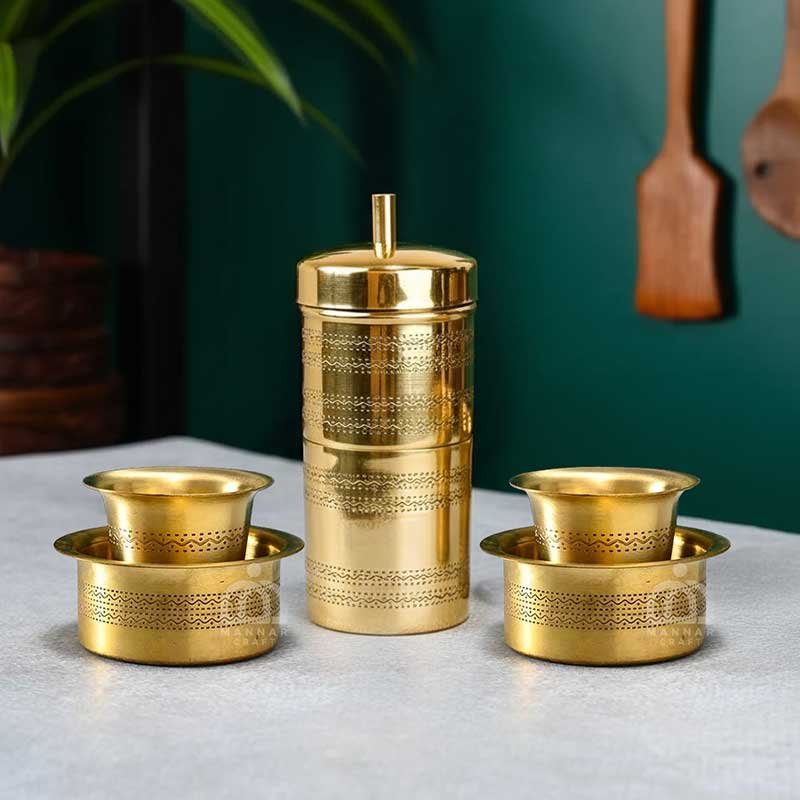 Polished Finish Etched Brass Coffee Filter Davara Set Combo