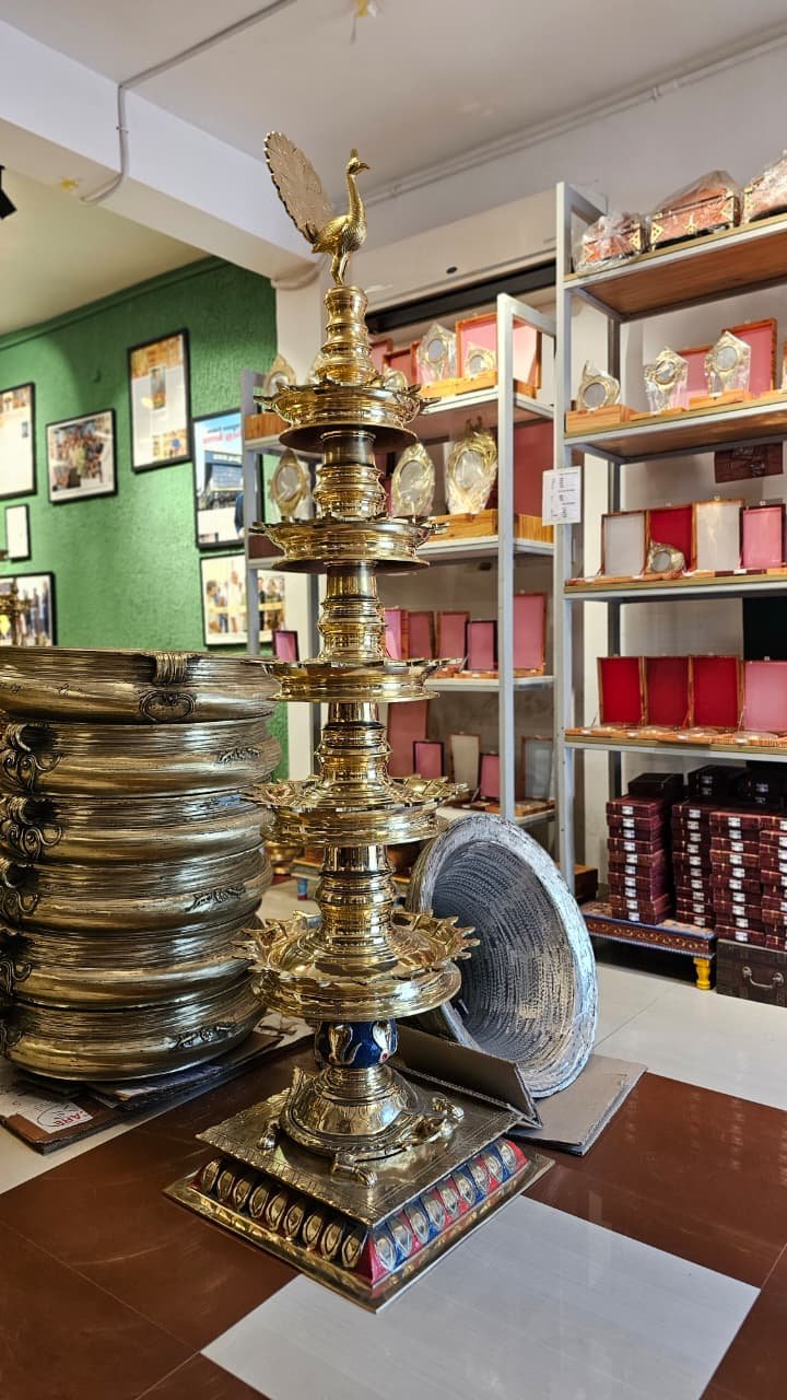 Peacock Stambha Vilakku – 5 Step Brass Temple Oil Lamp