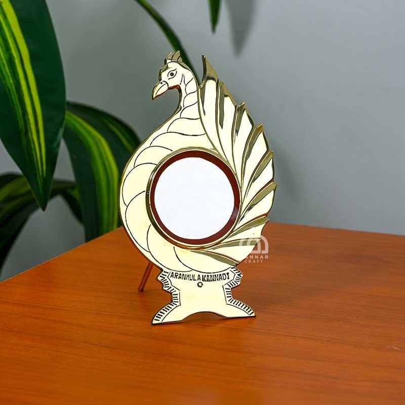 Aranmula Kannadi Metal Mirror – Peacock Model with Back Stand | Kerala Heritage Handicraft (2.5 Inch Mirror Dia)