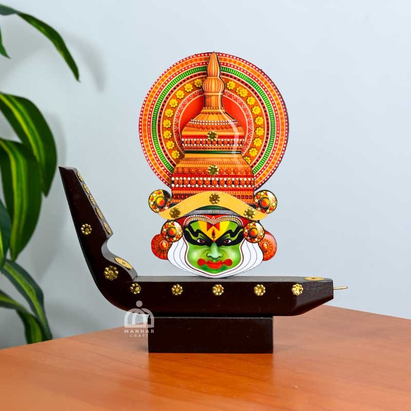 Printed Kathakali Face On Snake Boat Stand - MDF Table Decor