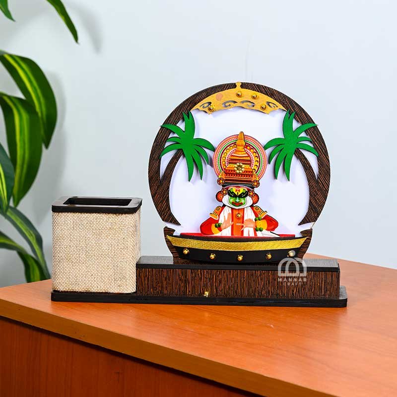 Kathakali Head Pen Holder with Coconut Tree – Handcrafted Desk Décor