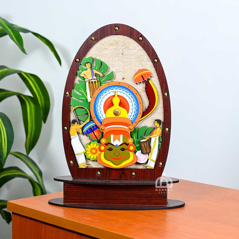 Handcrafted Kathakali Wooden Memento – Kerala Cultural Art Showpiece with Chenda Melam Drummers & Traditional Decor | Souvenir Gift by Mannar Craft