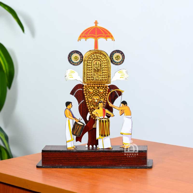 Kerala Pooram Wooden Festival Showpiece – 28x22 cm Handcrafted Elephant & Melam Decor | Perfect for Memento|Temple Art by Mannar Craft