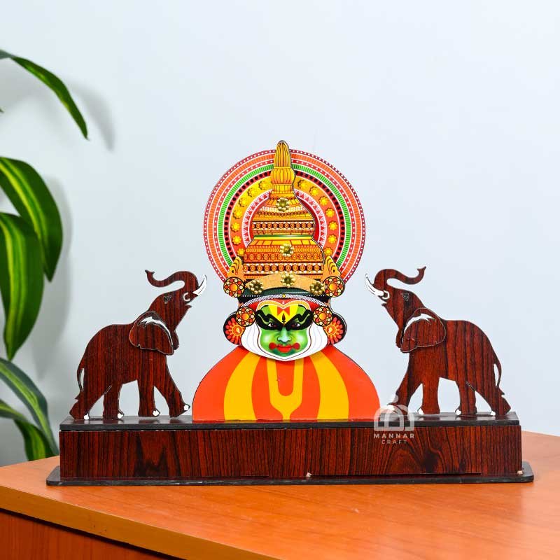 Wooden Shoulder Kathakali with Trunk Up Elephant – Kerala Traditional Art Home Decor & Memento – Mannar Craft