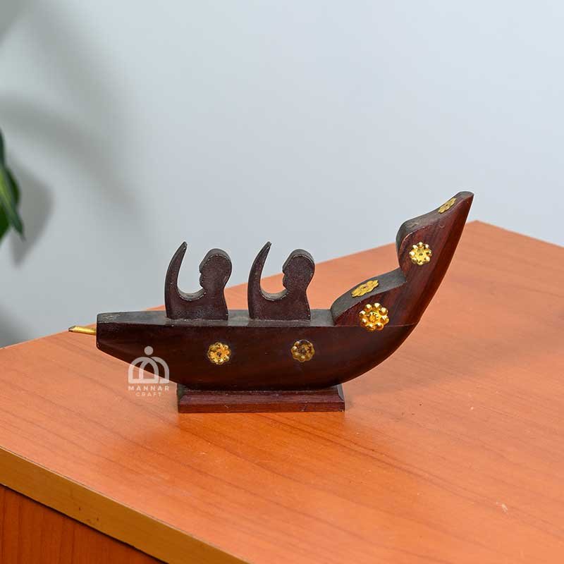 Wooden Kerala Traditional Boat Curio Miniature with 2 Men Figurines