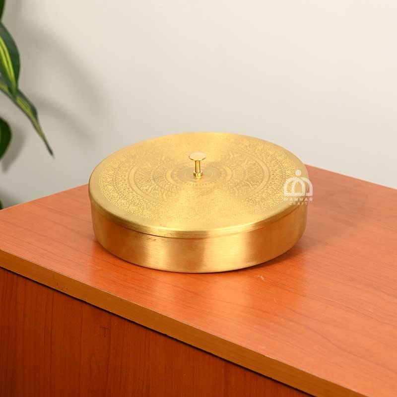 Handcrafted Brass Etched Masala Daani – 8 Inch Traditional Spice Box with Lid, 7 Tin-Coated Containers & Spoon