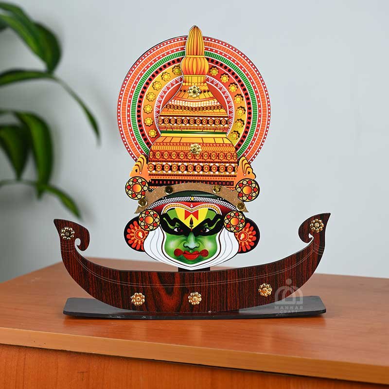 Printed Kathakali Face On Boat Stand - MDF Table Decor 