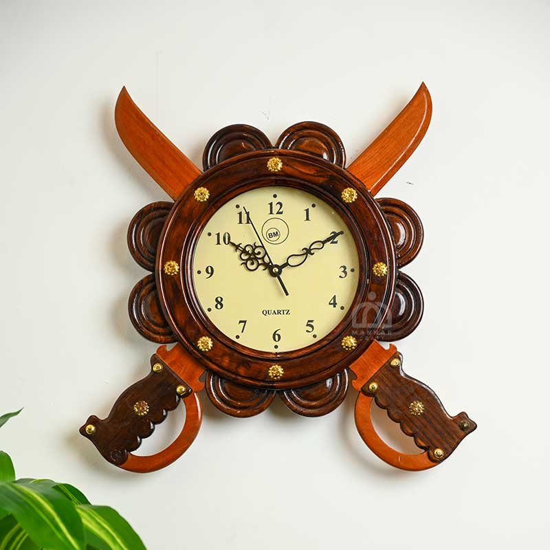 Handcrafted Wooden Wall Clock - Sword & Guard - Rose Wood
