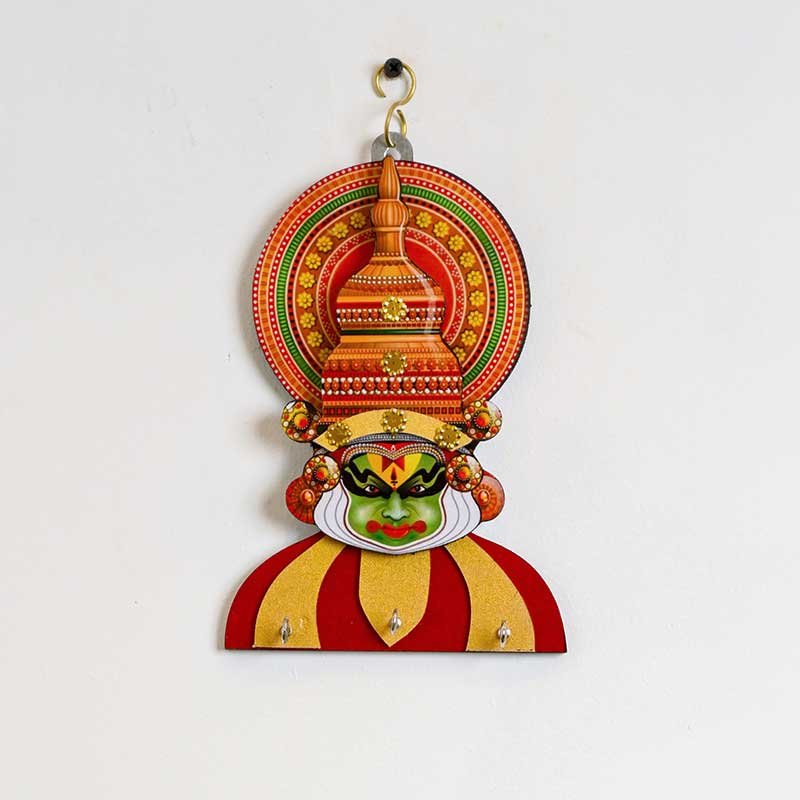 Kathakali Face Wall Key Holder | Handcrafted Wooden Key Hanger for Home & Office Decor