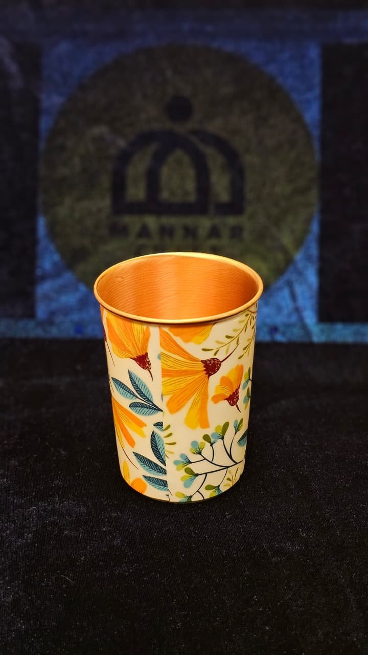 Copper Glass with Yellow Flower Design – Handcrafted Tumbler