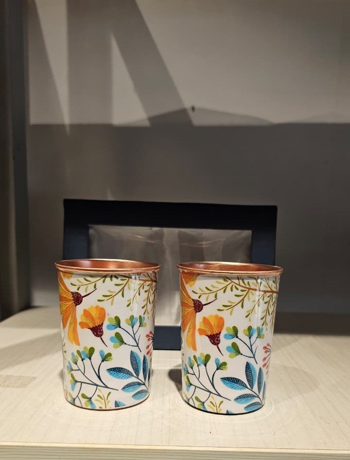 Copper Glass Set of 2 with Yellow Design – Premium Drinkware