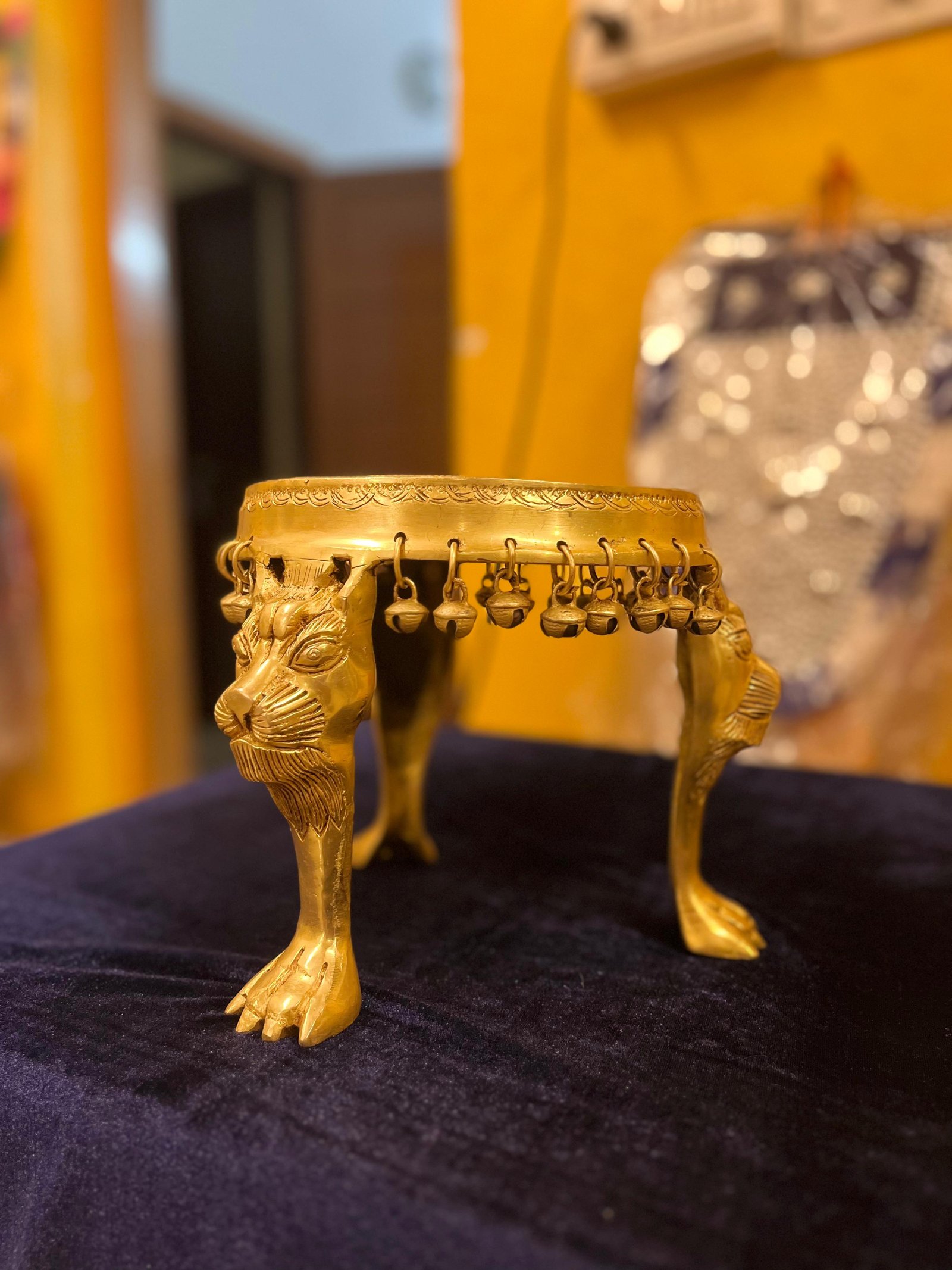 Traditional Brass Lion LegChowki for Pooja with Hanging Bells