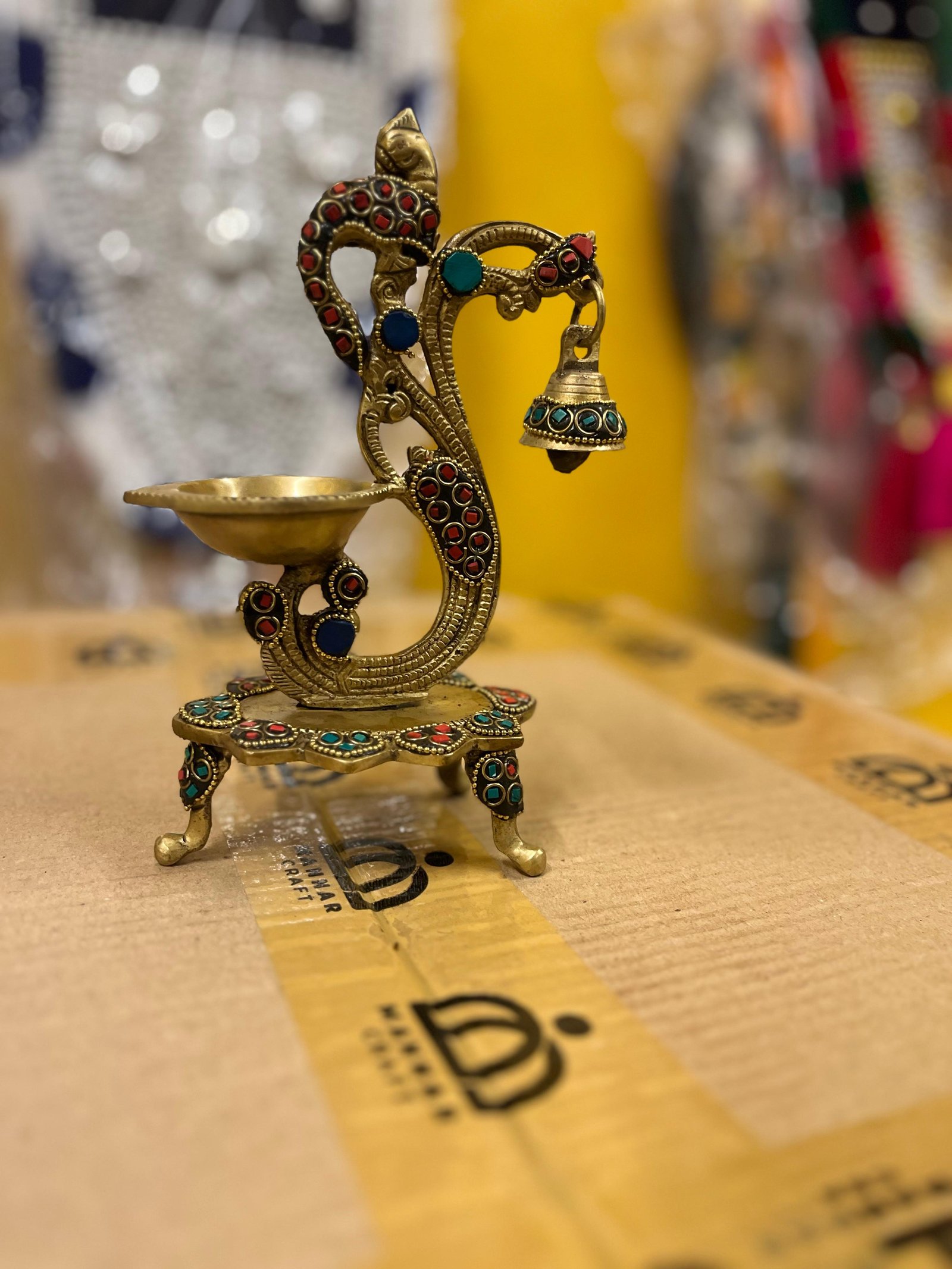 Brass Peacock Diya with Bell & Stand – Designer Pooja Oil Lamp