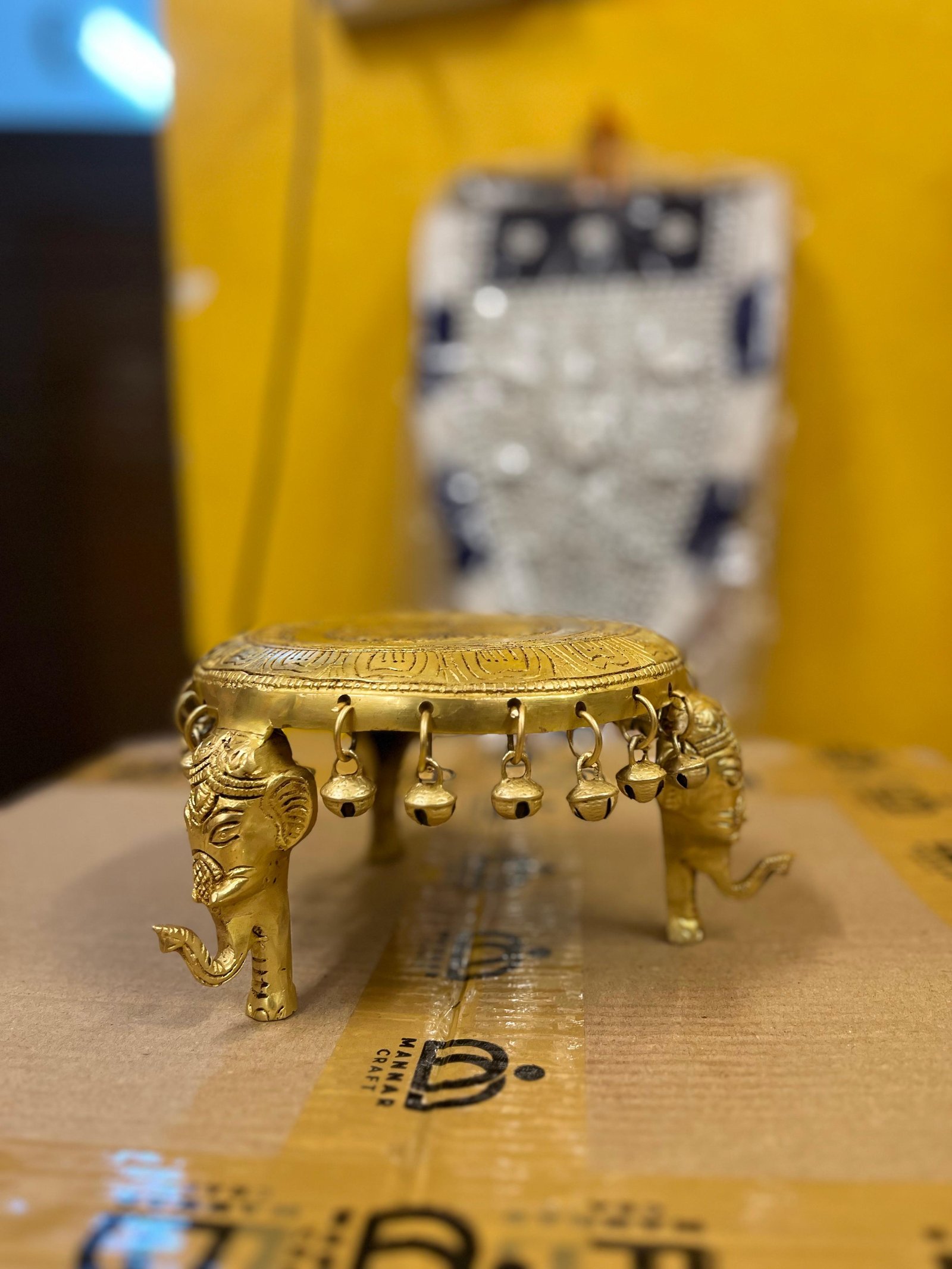 Brass Elephant Leg Chowki – Traditional Decorative Pooja Platform
