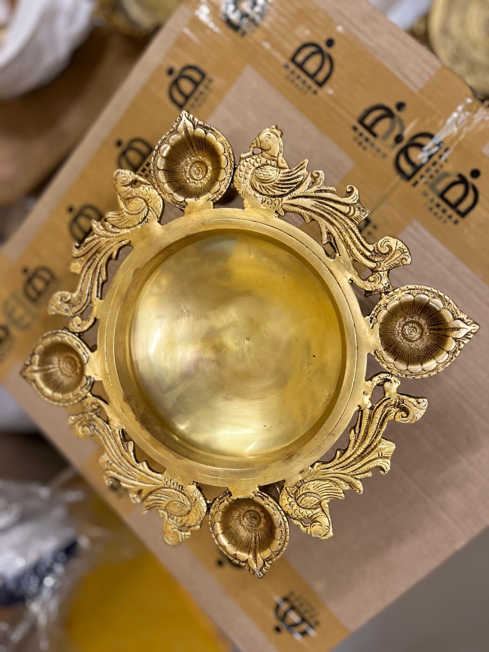 Peacock Brass Urli with Bells – Decorative 4 Wick Pooja Urli