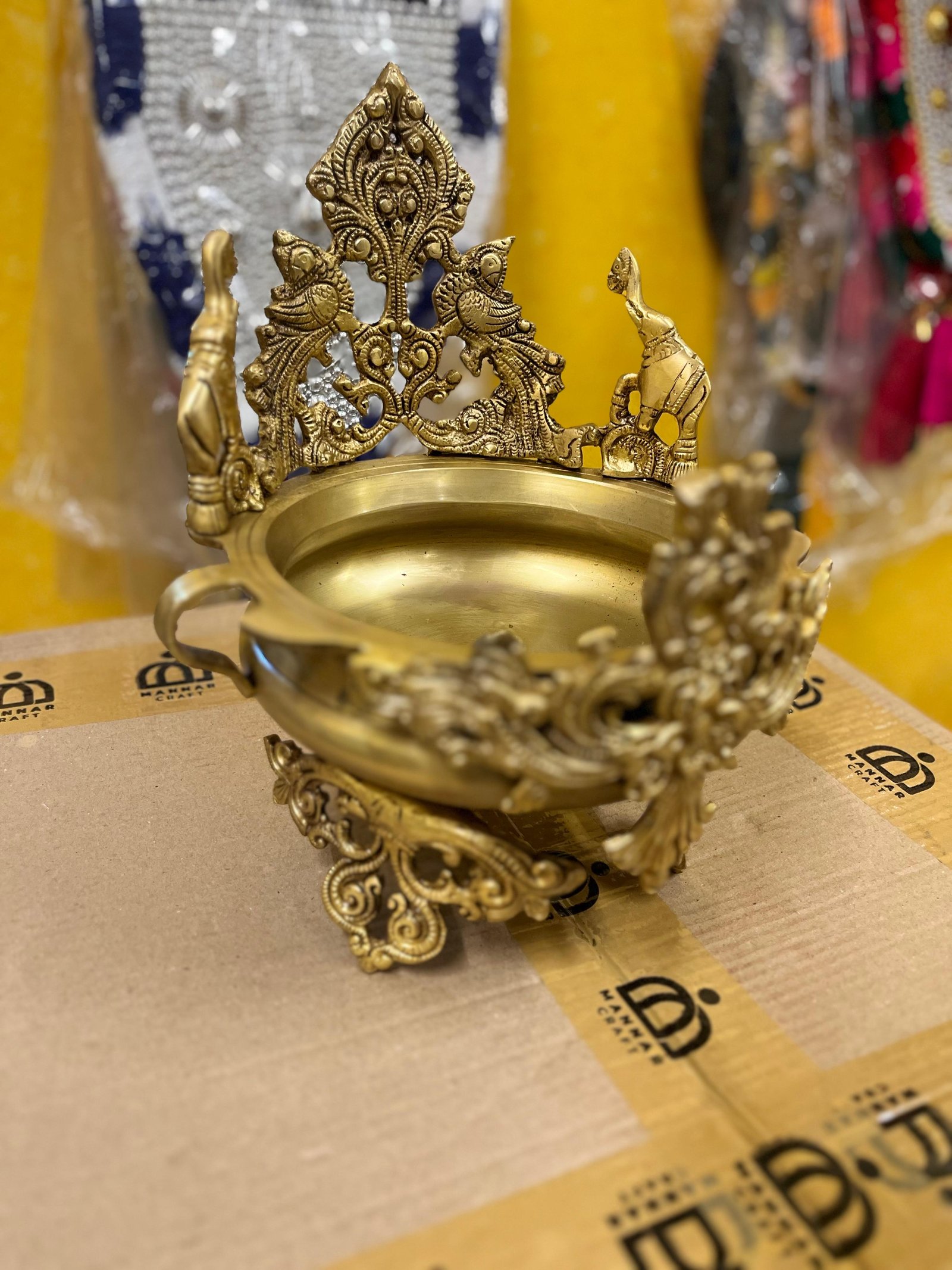 Traditional Brass Urli Bowl with Elephant & Peacock Design Decor