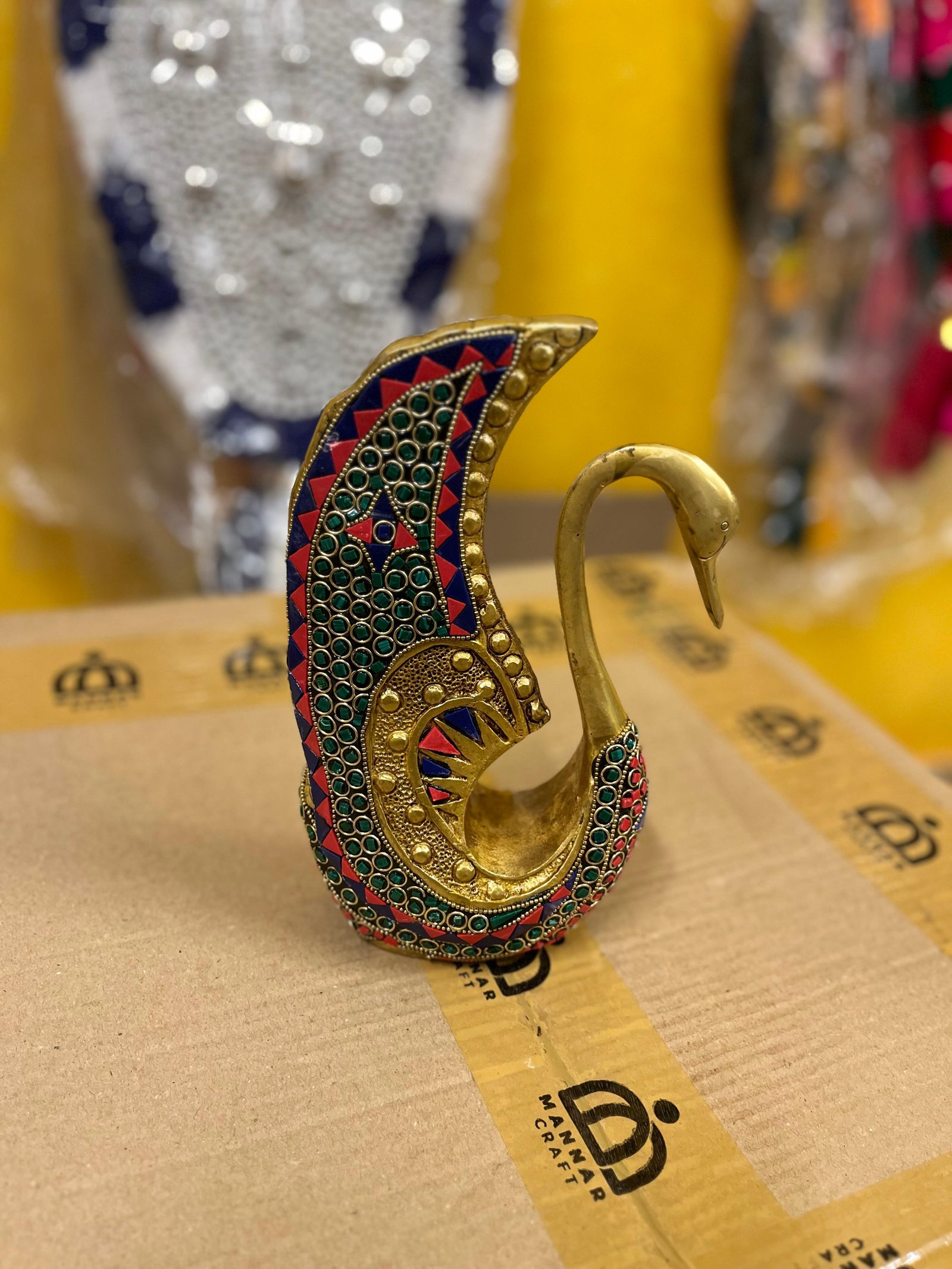 Pair of Brass Swan with Colour Stones – Traditional Decorative Statue