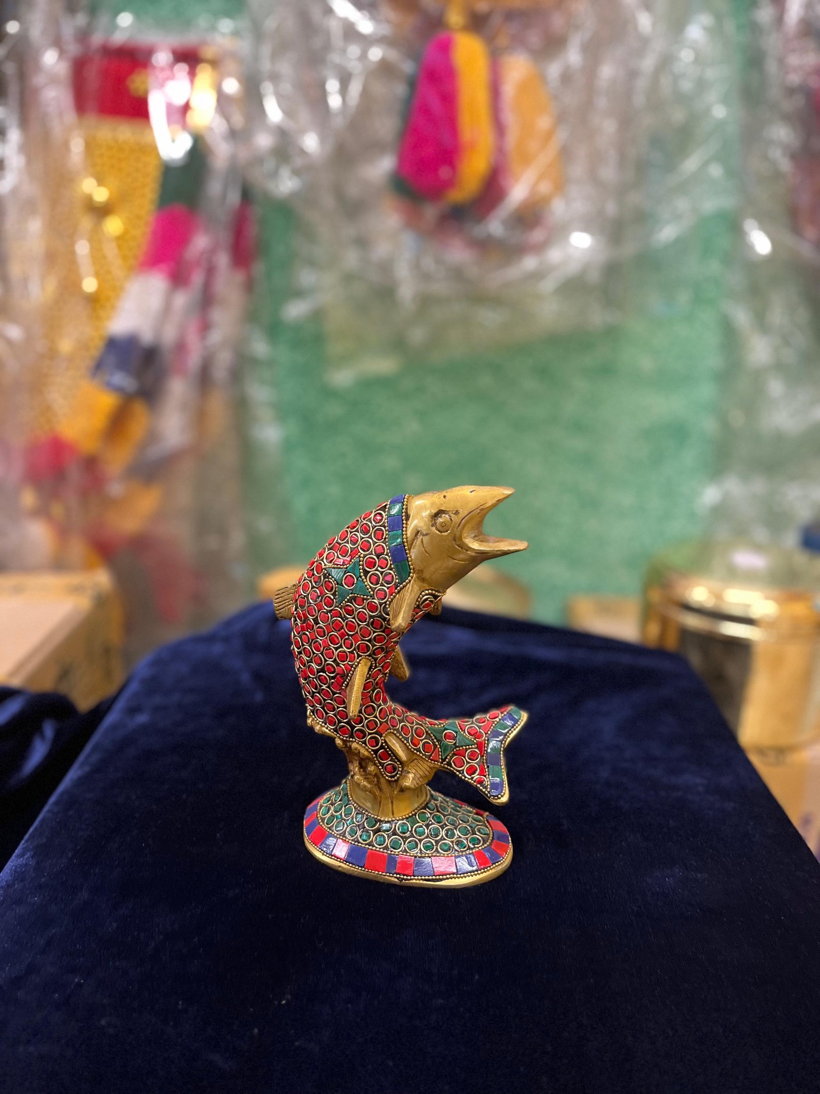 Brass Fish Figurines Pair with Stones – Miniature Brass Décor