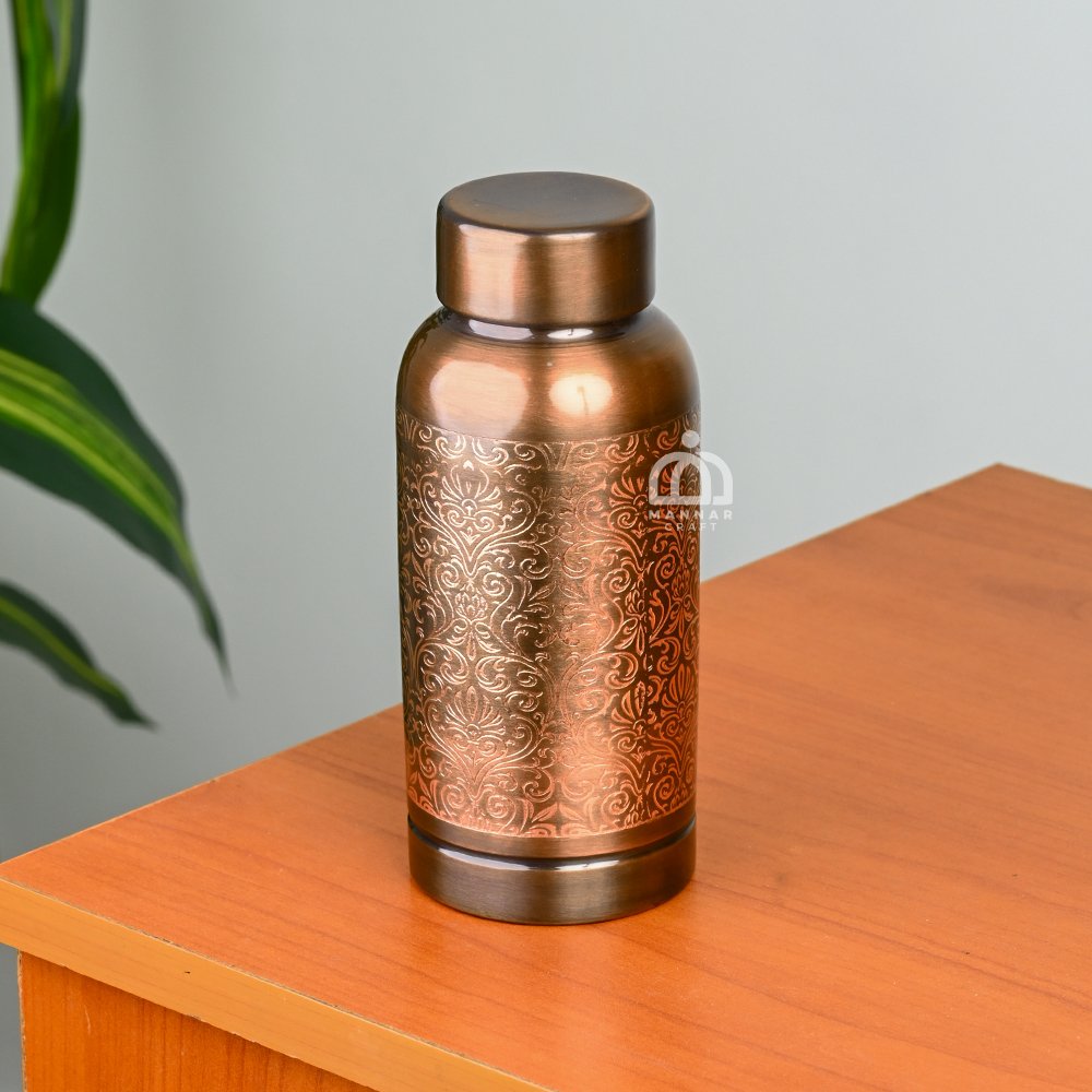Copper Water Bottle Antique Engraved – Handcrafted Pure Copper