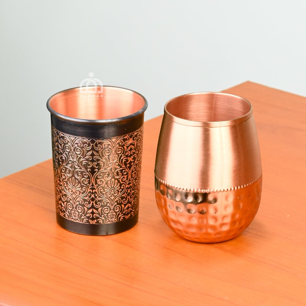 Copper Design Glass Set – Hammered & Antique Engraved Combo