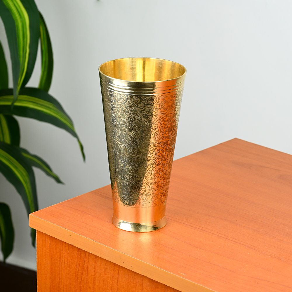 Floral Designed Brass Tumbler – Vintage Decorative Brass Accent