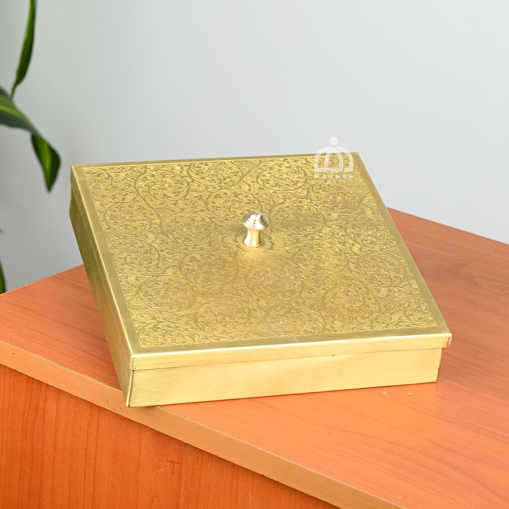 Brass Masala Dabba with 9 Containers – Floral Designed Square Spice Box