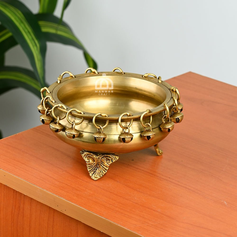 Brass Urli Bowl with Bells – Traditional Ethnic Decorative Urli
