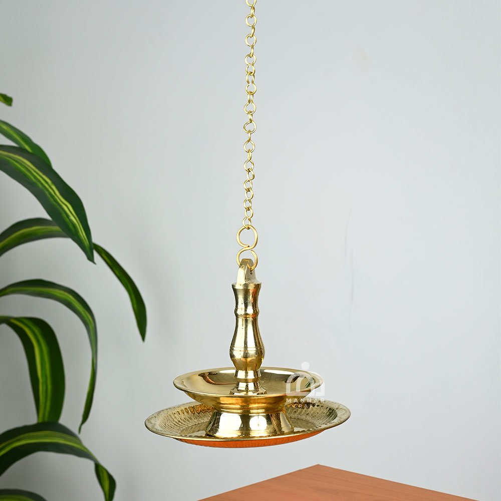 Traditional Brass Thookuvilakku - Hanging Lamp - with Fixed Brass Plate – Perfect for Temple & Home Use