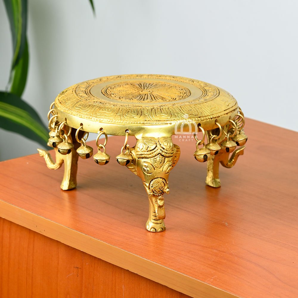 Brass Elephant Leg Chowki – Traditional Decorative Pooja Platform