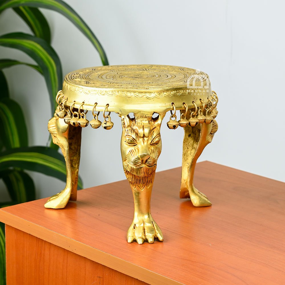 Traditional Brass Lion LegChowki for Pooja with Hanging Bells