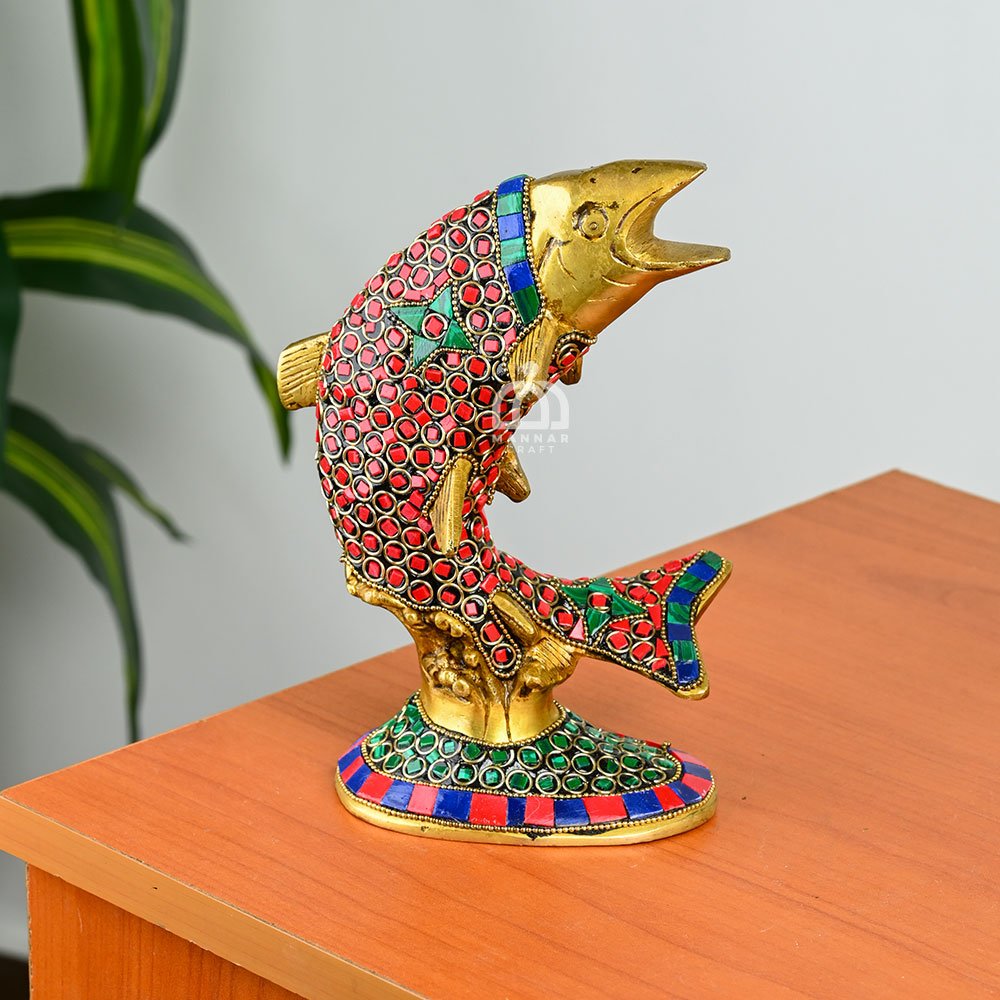 Brass Fish Figurines Pair with Stones – Miniature Brass Décor