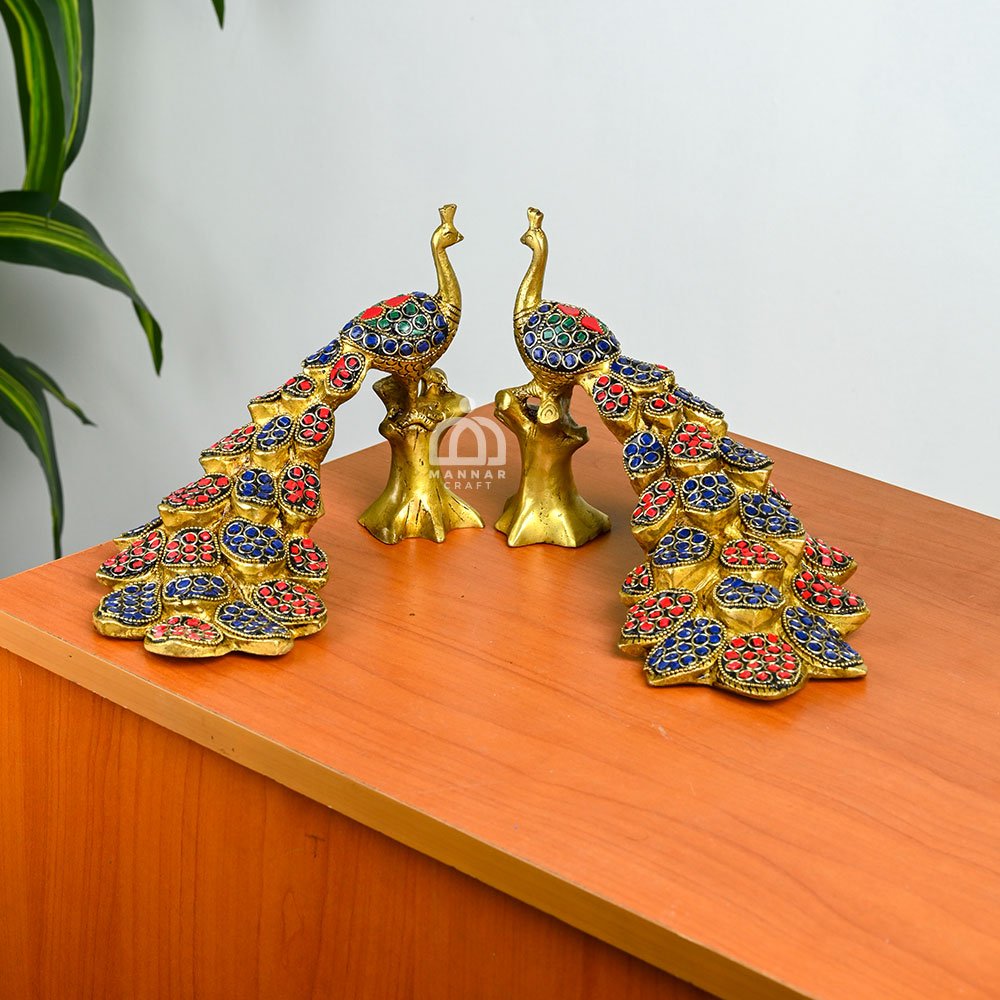 Pair of Brass Peacock Showpiece With Stones  – Traditional Decorative Brass Statue